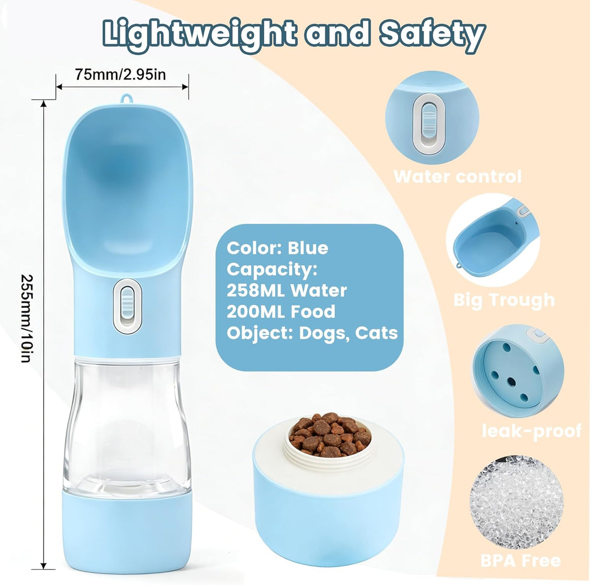 Portable Dog Water Bottle with Food Storage Container, Dishwasher Safe - Blue