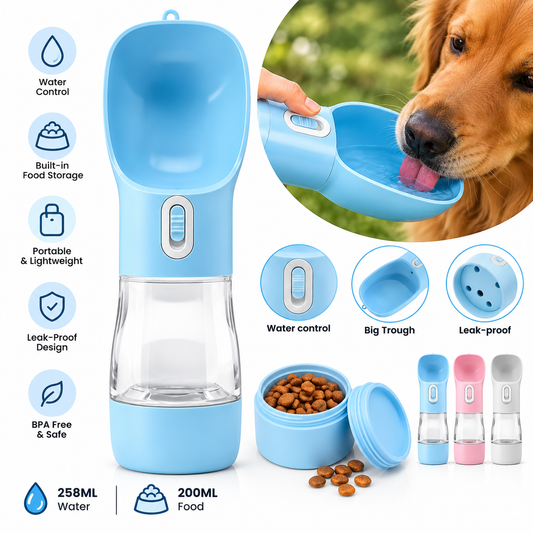 Portable Dog Water Bottle with Food Storage Container, Dishwasher Safe - Blue