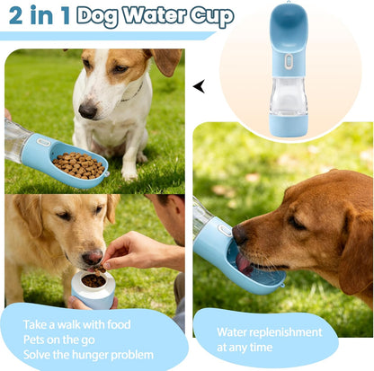 Portable Dog Water Bottle with Food Storage Container, Dishwasher Safe - Blue