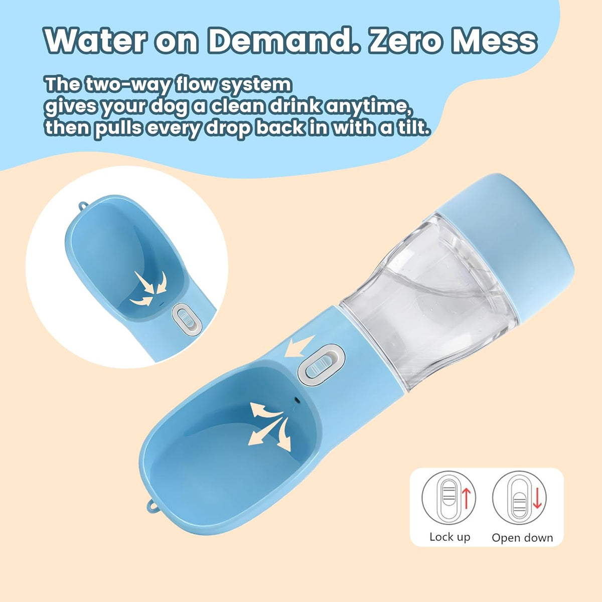 Portable Dog Water Bottle with Food Storage Container, Dishwasher Safe - Blue